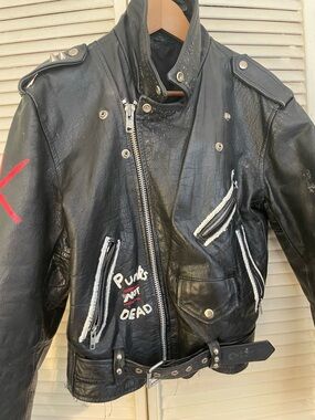 Black Punk Leather Biker Jacket with Hand-Painted Details